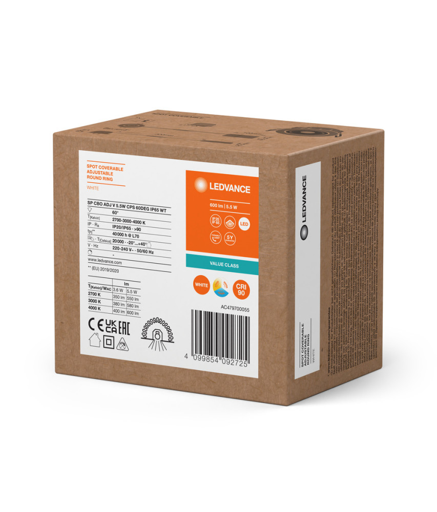 LDV SPOT RECOUVRABLE ADJ 5,5W 3CCT 400\/600LM 60D POWERSELECT IP65 BLANC LEDVANCE